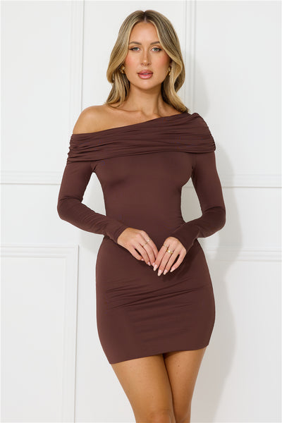 Urban Style Off Shoulder Long Sleeve Mini Dress Brown