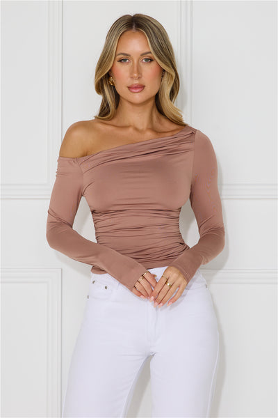 Slinky Feelings Off Shoulder Long Sleeve Top Mocha