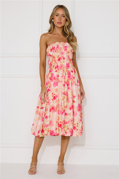 Romance Movie Strapless Bubble Midi Dress Pink