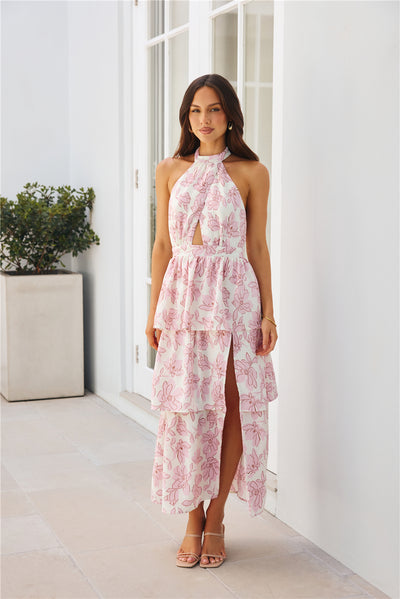 Fancy Garden Party Halter Plisse Maxi Dress Pink