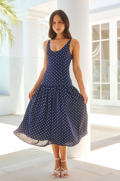 Polka Dot Charm Midi Dress Navy