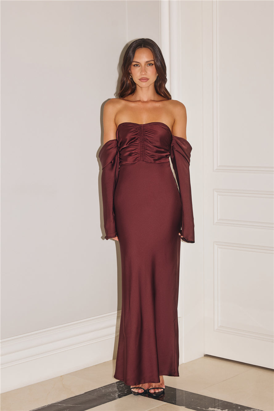 Elegant Chic Off Shoulder Long Sleeve Satin Maxi Dress Chocolate