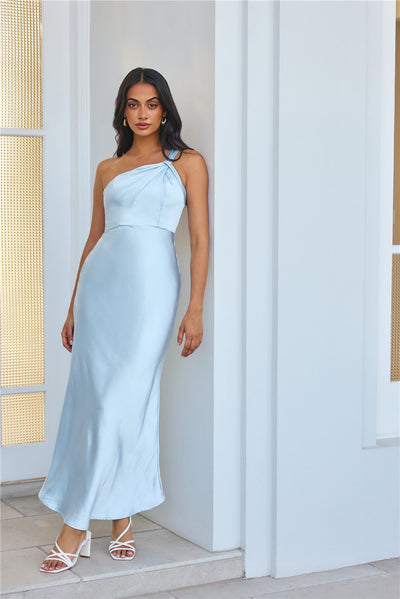 Graceful Elegance One Shoulder Satin Maxi Dress Light Blue