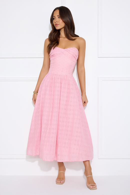 City Of Stars Strapless Embroidered Midi Dress Pink