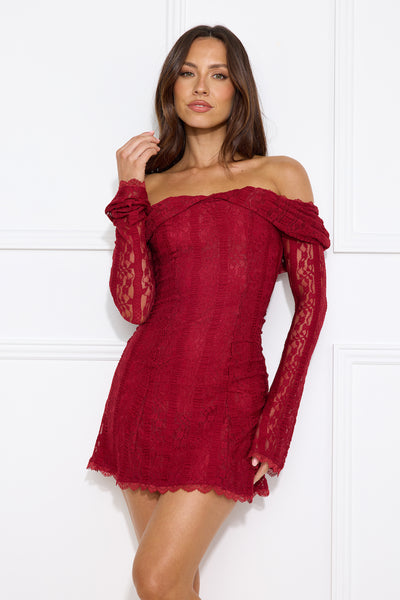 Secret Smile Lace Off Shoulder Mini Dress Burgundy