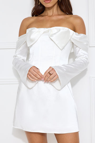 Delicacy Bow Satin Off Shoulder Mini Dress White