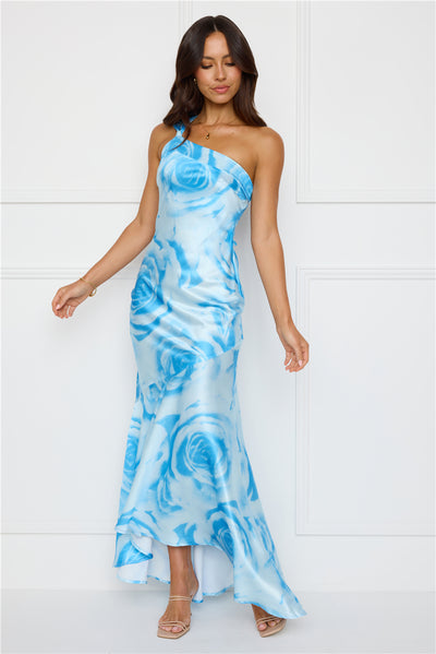 After Dark Allure One Shoulder Satin Maxi Dress Blue