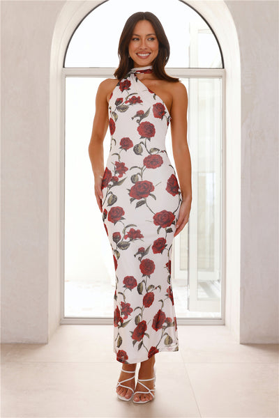 Enchanted Rose Halter Mesh Maxi Dress White