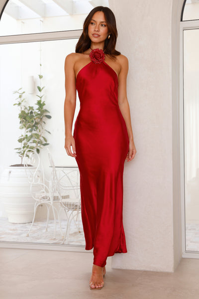 Admired By All Satin Halter Maxi Dress Red