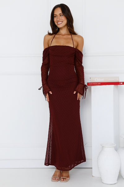 One Stylish Moment Off Shoulder Maxi Dress Wine