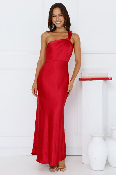 Graceful Elegance One Shoulder Satin Maxi Dress Red