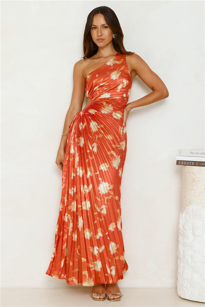 Golden Touch Satin One Shoulder Maxi Dress Rust