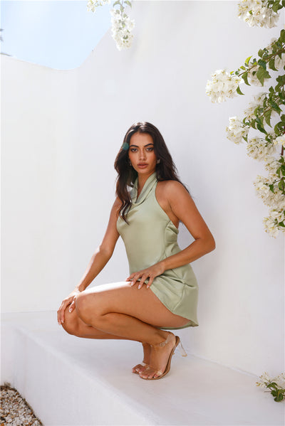 Party Nights Halter Satin Mini Dress Sage