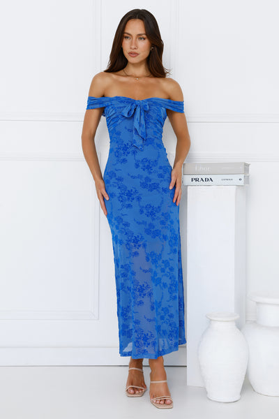 Girly Luxe Off Shoulder Mesh Maxi Dress Blue