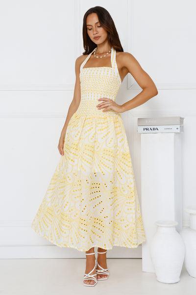 Leona Halter Embroidered Maxi Dress Yellow