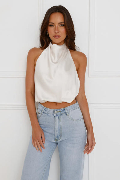 Pippin Satin Halter Crop Top Champagne