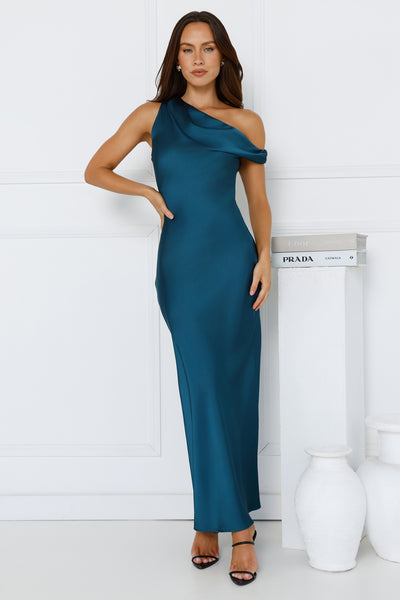 Limitless Girl Satin Off Shoulder Maxi Dress Teal