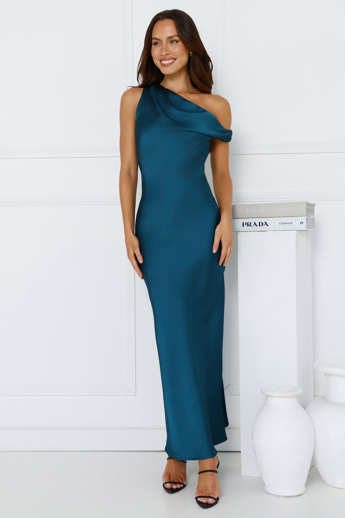 Limitless Girl Satin Off Shoulder Maxi Dress Teal