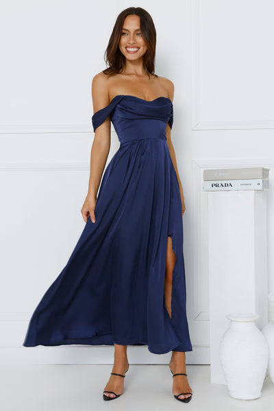 Golden Affair Off Shoulder Satin Maxi Dress Navy