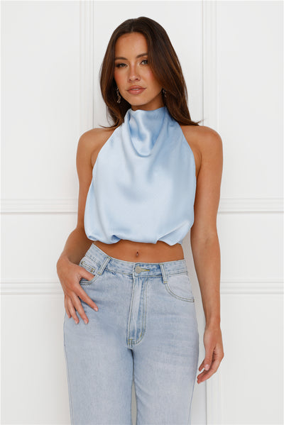 Pippin Satin Halter Crop Top Blue