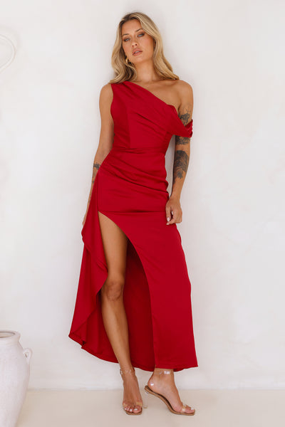 Nightfall Event Off Shoulder Satin Maxi Dress Red