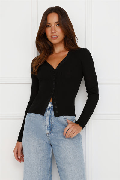 Buttoned Up Ribbed Long Sleeve Top Black