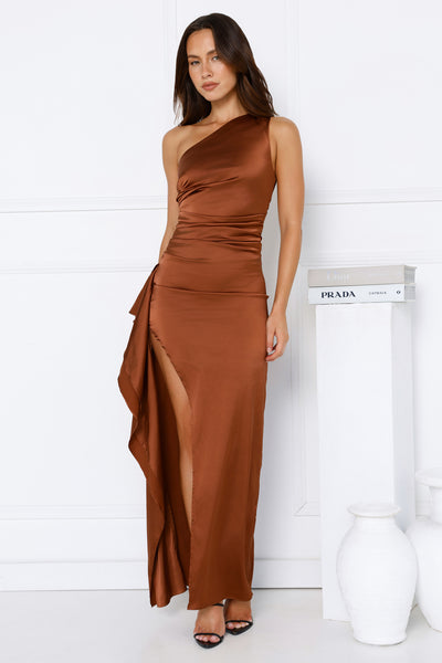 Extra Special One Shoulder Satin Maxi Dress Brown