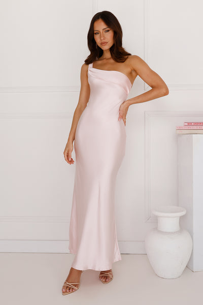 Romantic Tales Satin One Shoulder Maxi Dress Pink