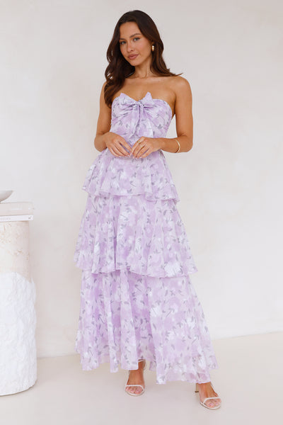 Spring Flower Strapless Maxi Dress Lilac