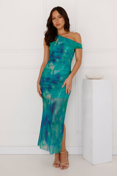 Stories Of Sophistication Off Shoulder Mesh Maxi Dress Green