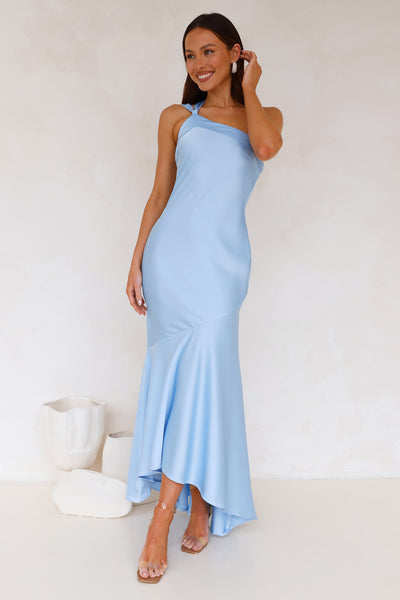 Romantic Affair Satin One Shoulder Maxi Dress Blue