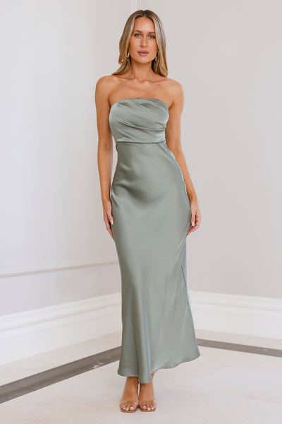 Moonlit Whimsy Satin Strapless Maxi Dress Sage