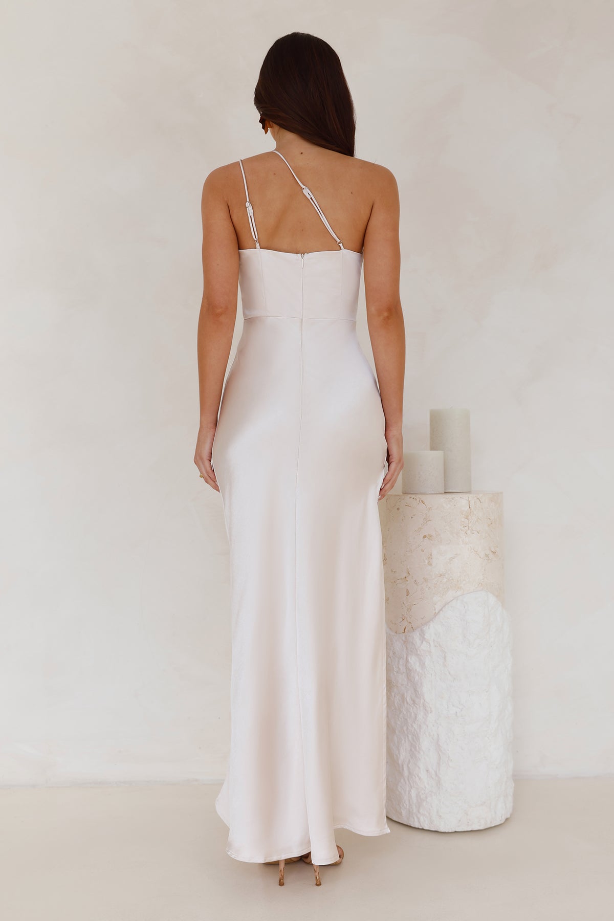 Luxe Charm One Shoulder Satin Maxi Dress Champagne