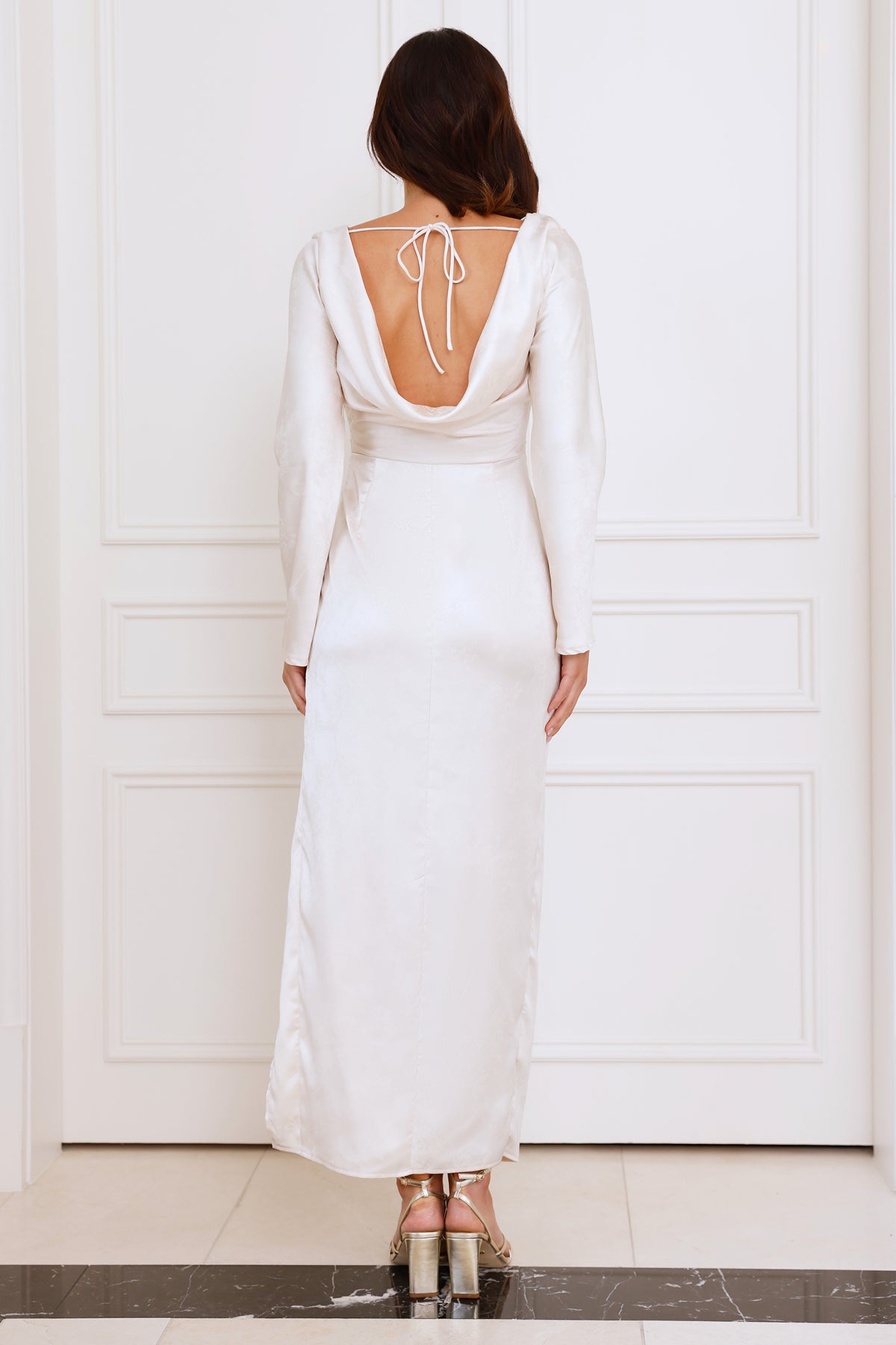 Regal Evening Satin Long Sleeve Maxi Dress Champagne