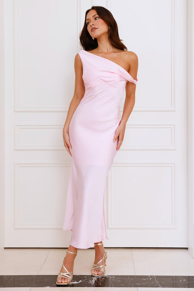 Stylish Season Off Shoulder Satin Midi Dress Pink