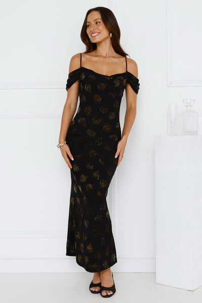 Petal Kiss Off Shoulder Maxi Dress Black