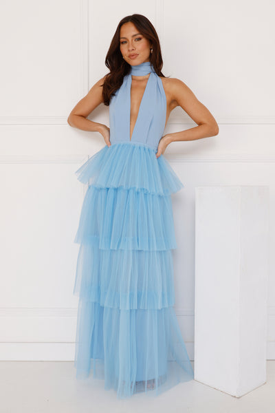 Unreal Beauty Halter Tulle Maxi Dress Blue