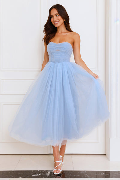 Beauty Pageant Strapless Tulle Midi Dress Blue