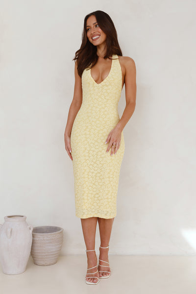 Sassy Socialite Halter Midi Dress Yellow