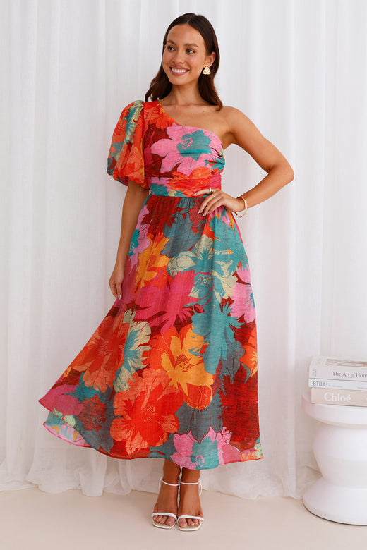 Palette Of Color One Shoulder Midi Dress Print