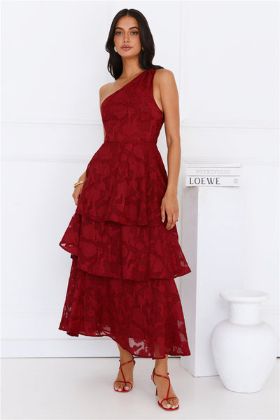 Pixie Petals One Shoulder Maxi Dress Burgundy