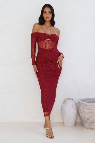 Raegan Mesh Midi Dress Burgundy