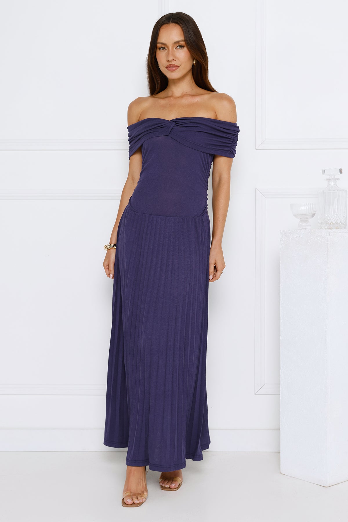 Nikita Off Shoulder Ribbed Maxi Dress Navy