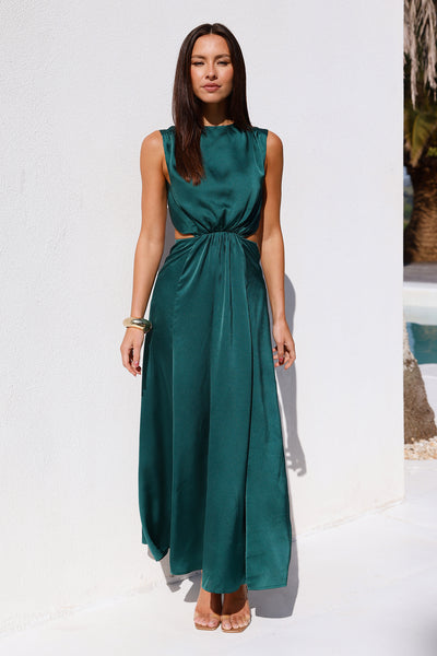 Rendezvous In Paris Satin Midi Dress Green