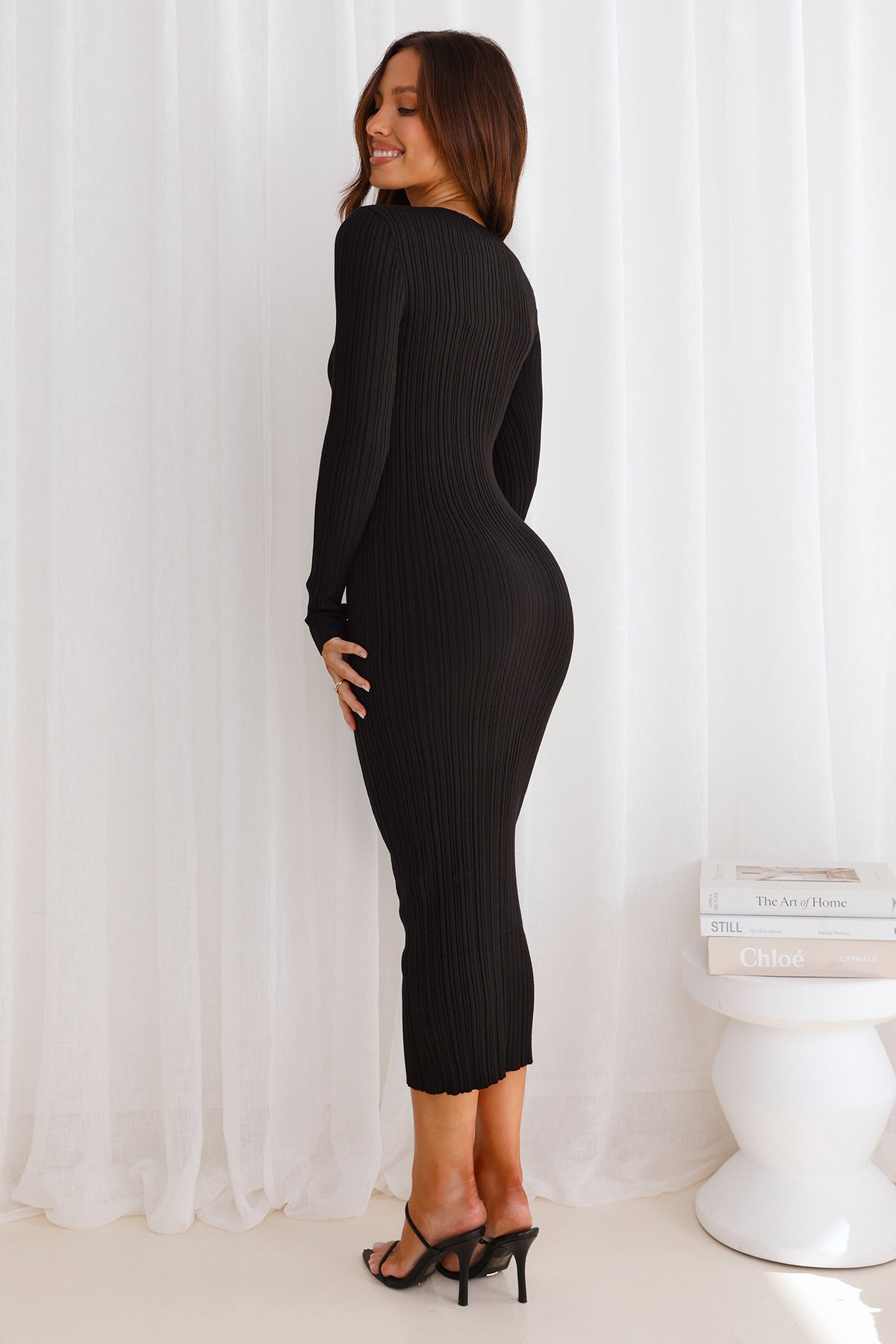 Chic Contours Long Sleeve Ribbed Maxi Dress Black
