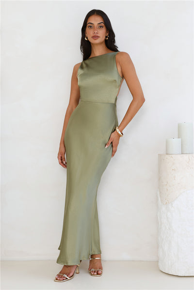 Unveiled Sophistication Satin Maxi Dress Olive