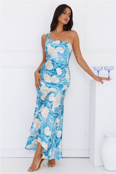 Whirl Of Color One Shoulder Satin Maxi Dress Blue