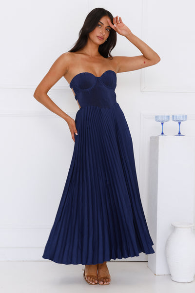 Sunflower Serenity Plisse Maxi Dress Navy