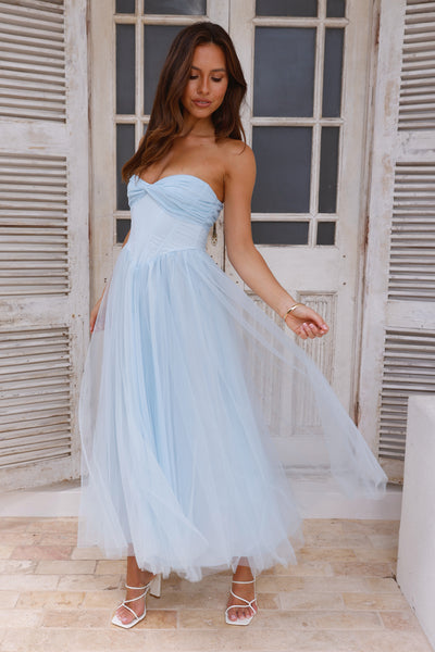 Worthy Of Diamonds Strapless Tulle Midi Dress Blue