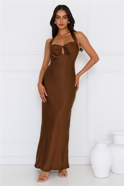 Ambiance Of The Night Halter Satin Maxi Dress Brown